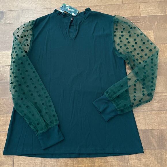 NWT blooming jelly Elegant Polka Dots Mesh Green Long Sleeve Blouse size XL - Picture 9 of 11